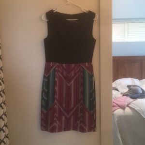 Dress with black bodice and geometric skirt